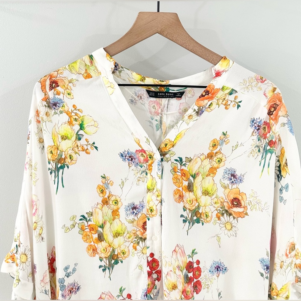 Zara Basic Floral Button Front Oversized Tunic Wh… - image 5